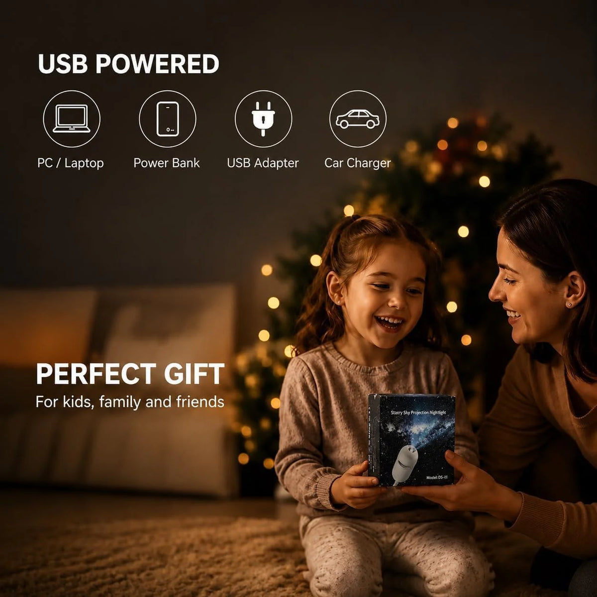 2-in-1 Galaxy Projector Night Light with USB Connection, Mini LED Ceiling and Wall Projection Lamp Featuring 360° Rotation for Bedroom Use, Ideal Gift for Kids and Adults (Includes 6 Slides)