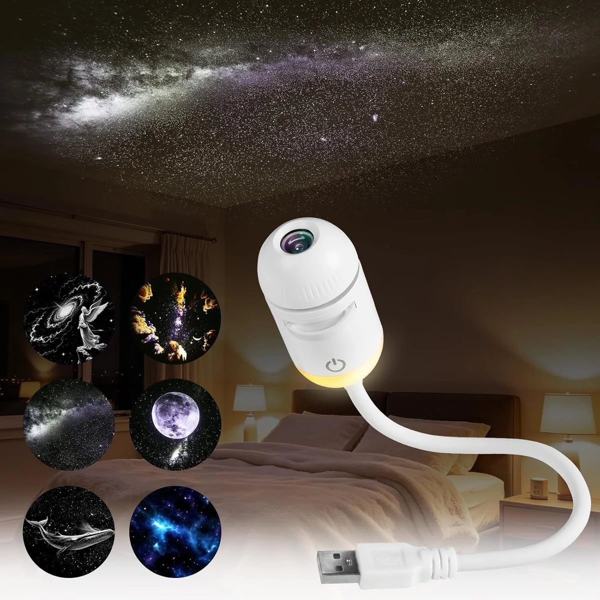 2-in-1 Galaxy Projector Night Light with USB Connection, Mini LED Ceiling and Wall Projection Lamp Featuring 360° Rotation for Bedroom Use, Ideal Gift for Kids and Adults (Includes 6 Slides)