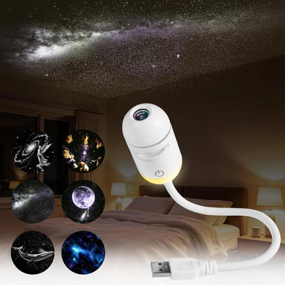 2-in-1 Galaxy Projector Night Light with USB Connection, Mini LED Ceiling and Wall Projection Lamp Featuring 360° Rotation for Bedroom Use, Ideal Gift for Kids and Adults (Includes 6 Slides)